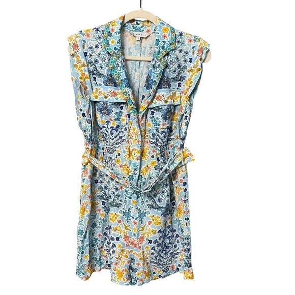 Rana Gill Anthropologie Linen Sleeveless Belted Romper Blue Multi Small Beach - Picture 2 of 7